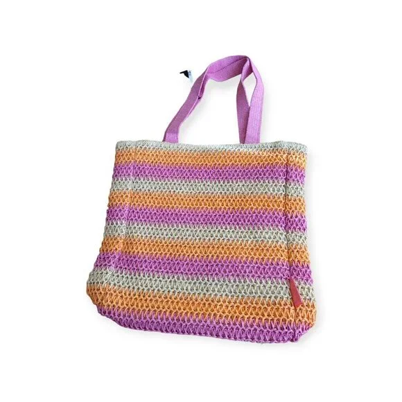 H&M Straw Crochet Oversized Beach Bag Pink Orange Tote NWT Summer Vacation - Picture 6 of 10